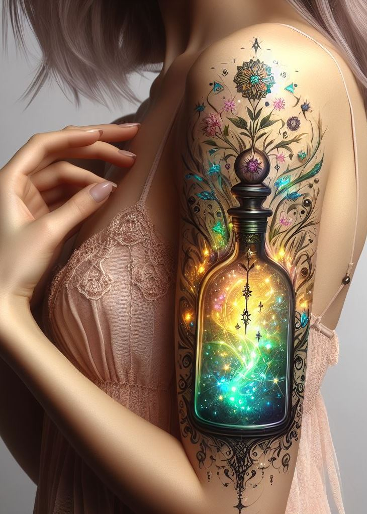 Inscribe your personal epic of enchantment with glowing runes in a potion bottle. Each symbol is a starlit secret, a radiant relic of a mystical language etched in eternity.