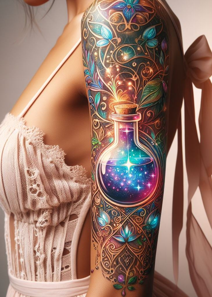 Let your skin illuminate the ancient language of magic with a potion bottle tattoo, where glowing runes offer a glimpse into the arcane. It’s not just a tattoo; it’s a beacon of mysteries long forgotten.