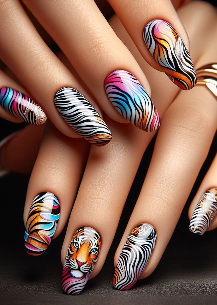 Abstract Nail Art: It's Not Just Random Splotches (We Promise!) | Pocoko Glitz & Stripes: Abstract Animal Print Nails with a Touch of Sparkle Feeling a touch extra with your Abstract Animal Print Nails? Go for the glitz & stripes combo! Paint your nails a neutral base like beige and then create abstract stripes and shapes using black polish. Add a touch of sparkle with a clear polish mixed with holographic glitter for a subtle hint of glam.