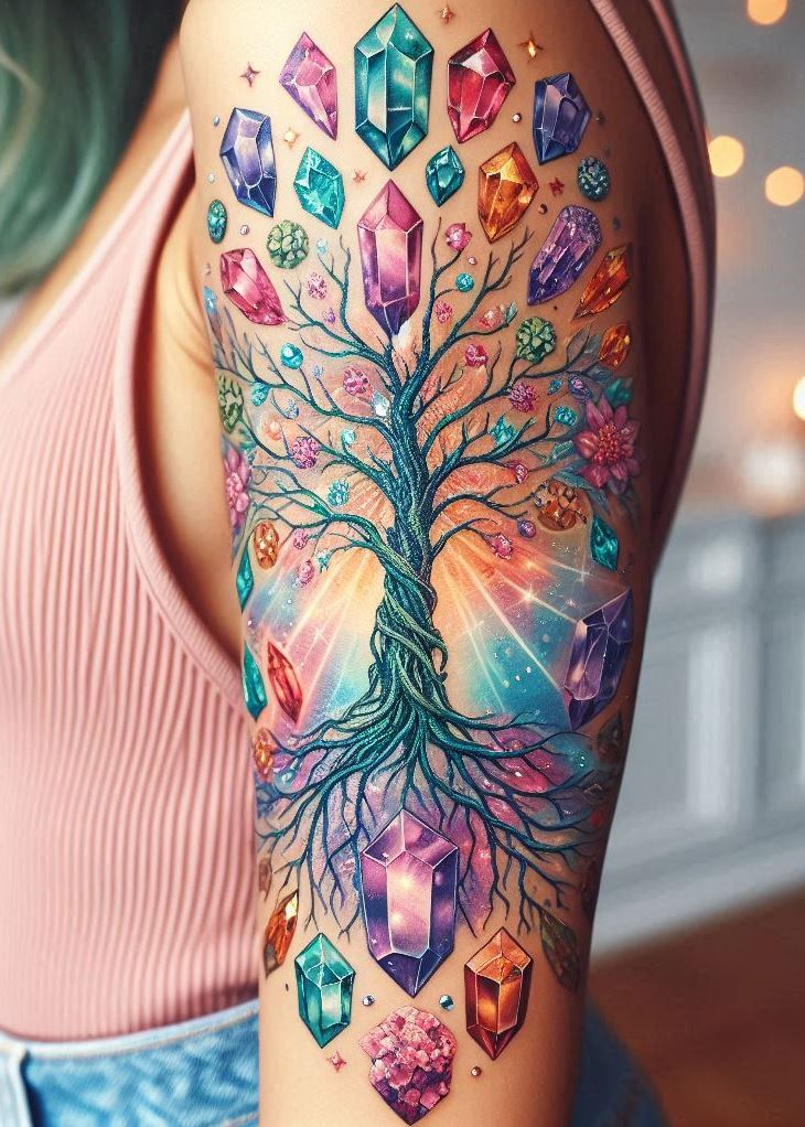 Roots that sparkle, branches that inspire! This crystal tree of life tattoo is a mesmerizing reminder that your foundation is strong, your journey is full of possibilities, and your inner light will always shine through. Crystal tattoos: for the grounded soul who embraces a future filled with brilliance.