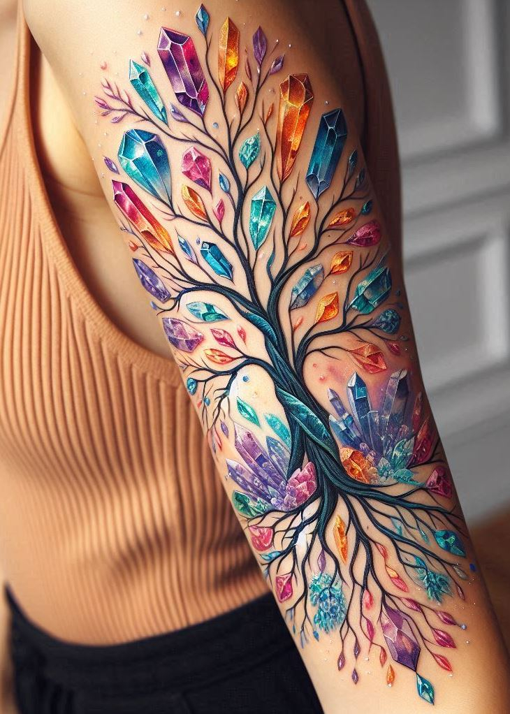 Tree of life? More like tree of bling! This dazzling crystal tattoo injects some serious sparkle into the traditional symbol. It's a reminder that your strength and growth can be both powerful and glamorous. Crystal tattoos: rewriting the rules, one sparkly design at a time.