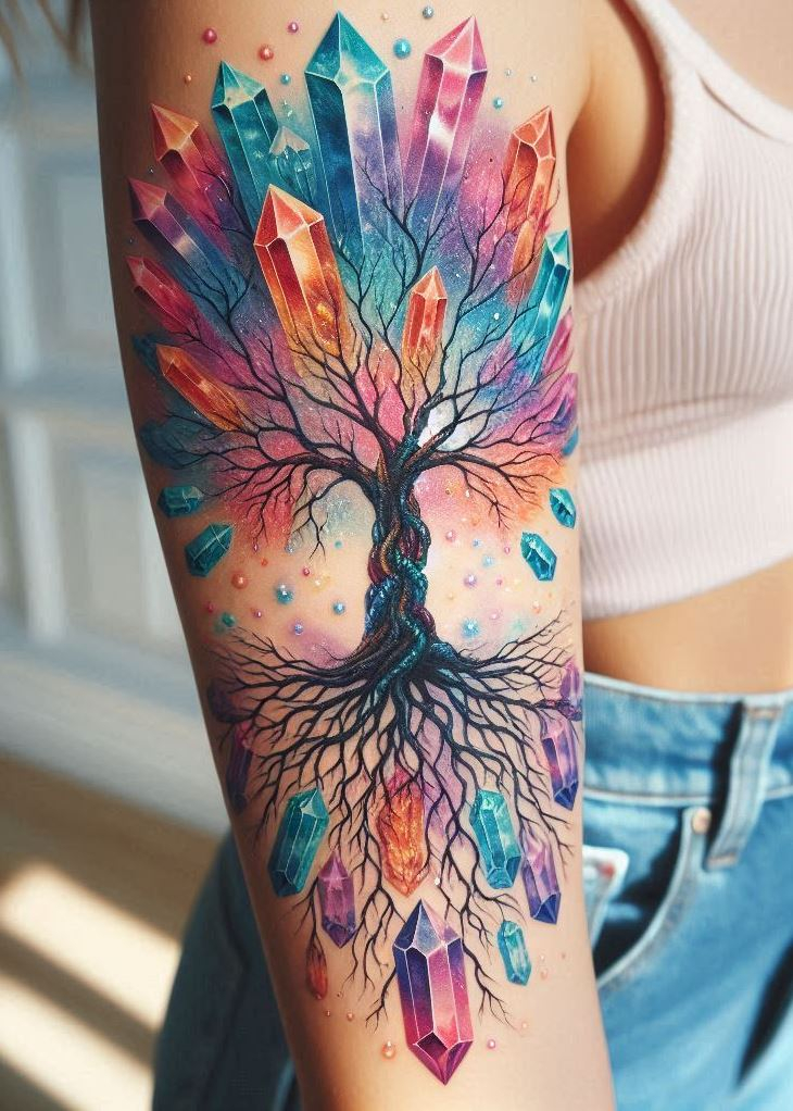 Forget the bonsai, cultivate a crystal forest! This captivating tattoo design features a crystal tree of life, symbolizing your connection to the universe's magic, with a touch of dazzling whimsy. Crystal tattoos: for the free spirit who embraces growth and wonder.