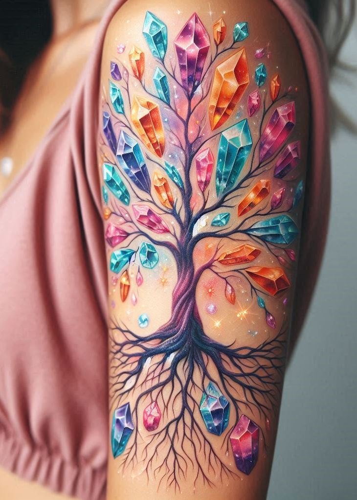 This crystal tree of life tattoo isn't just a tree, it's a universe of possibilities! Sparkling crystals illuminate the branches, reminding you that you are connected to something bigger than yourself, and your potential is limitless. Crystal tattoos: where magic grows wild and free.