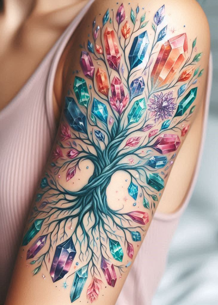 Find your strength and shimmer with this crystal tree of life tattoo! The powerful roots, adorned with dazzling crystals, are a reminder that your foundation is strong, and your possibilities endless. Crystal tattoos: grounded in magic, reaching for the heavens.