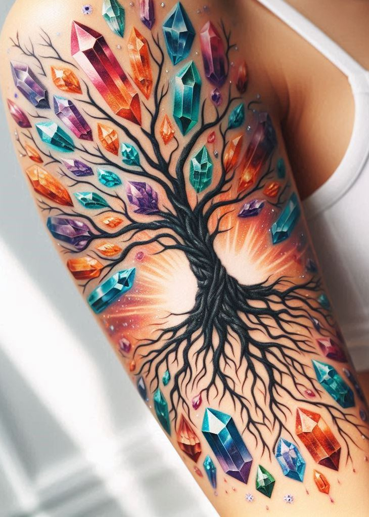 This crystal tree of life tattoo isn't just about roots, it's about reaching for the sky! Sparkling crystals climb the branches, symbolizing your unwavering spirit and boundless potential. Crystal tattoos: for the dreamer who touches the stars.