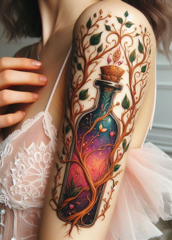 Calling all alchemists! This mystical tree potion bottle tattoo is the perfect way to showcase your love for the magical and mysterious. It's a reminder that a touch of nature can brew incredible things.