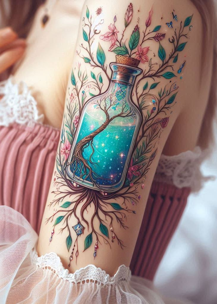 Who needs a cauldron when you have this mystical tree potion bottle tattoo? This captivating design is a reminder that even the simplest vessel can hold extraordinary power.