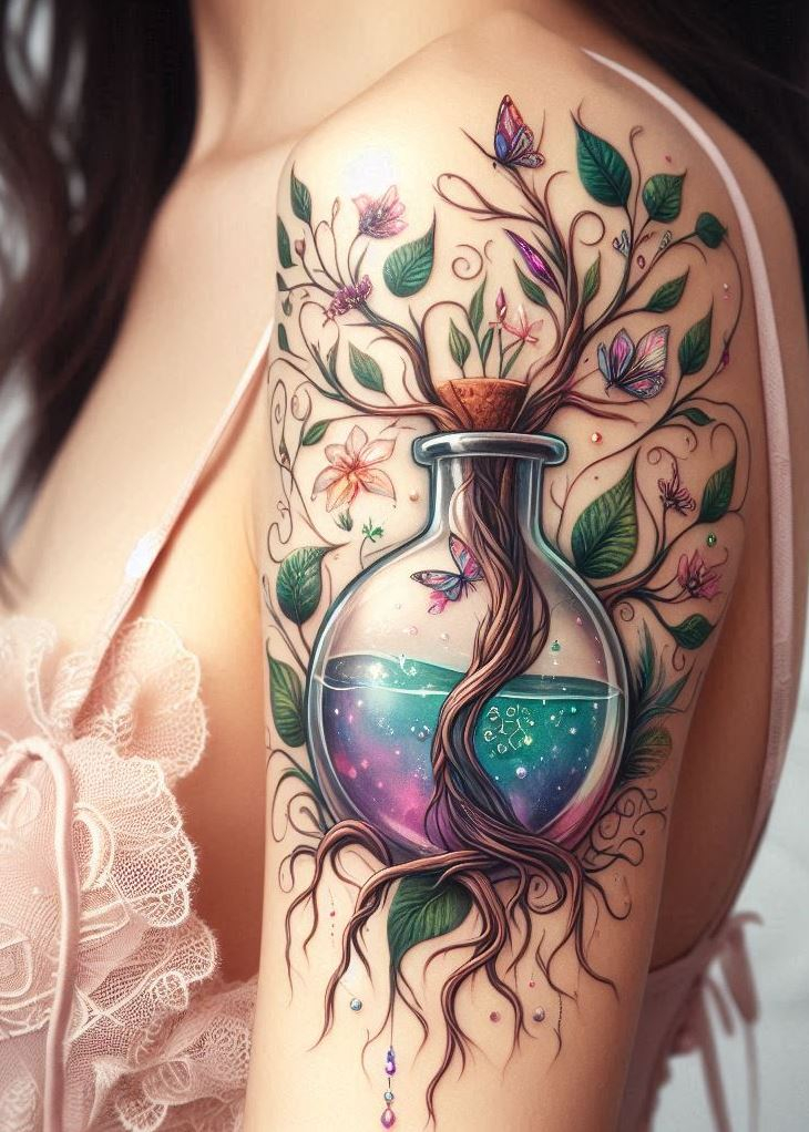 Level up your potion game with this mystical tree bottle tattoo! It's a dazzling reminder that magic is all around you, waiting to be brewed and unleashed.