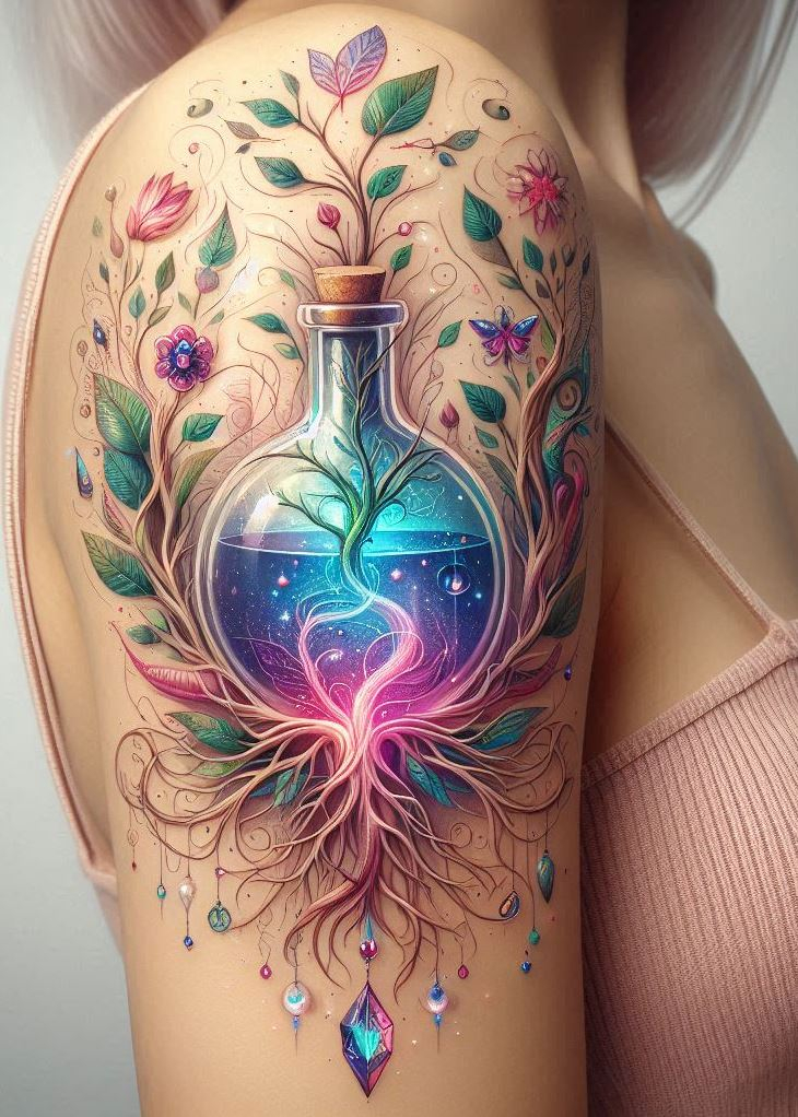 Ditch the boring flasks, this potion bottle tattoo is where nature meets enchantment! Shaped like a mystical tree, it's a reminder that the most potent ingredients often grow wild and free.