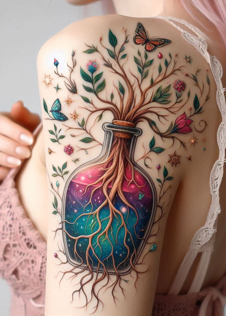 Forget the beakers, brew magic with this mystical tree potion bottle tattoo! This captivating design blends science and sorcery, reminding you that the greatest concoctions come from within.