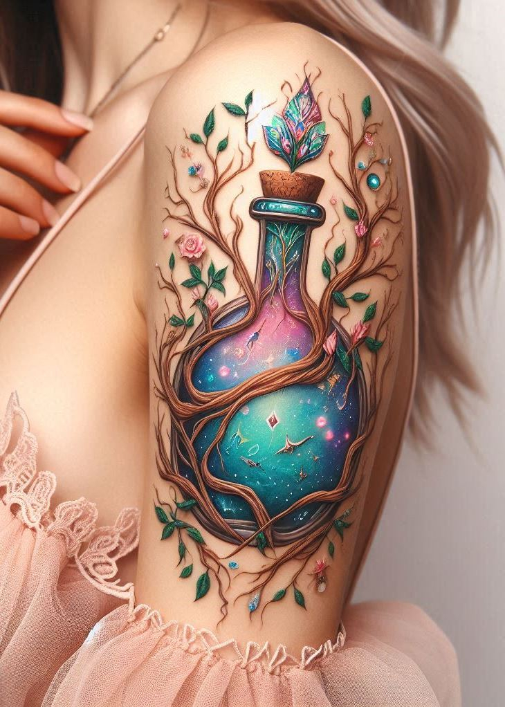 Forget the rabbit hole, this potion bottle tattoo is your portal to wonder! Shaped like a mystical tree, it's a reminder that magic can be found in the most unexpected places, waiting to be discovered.