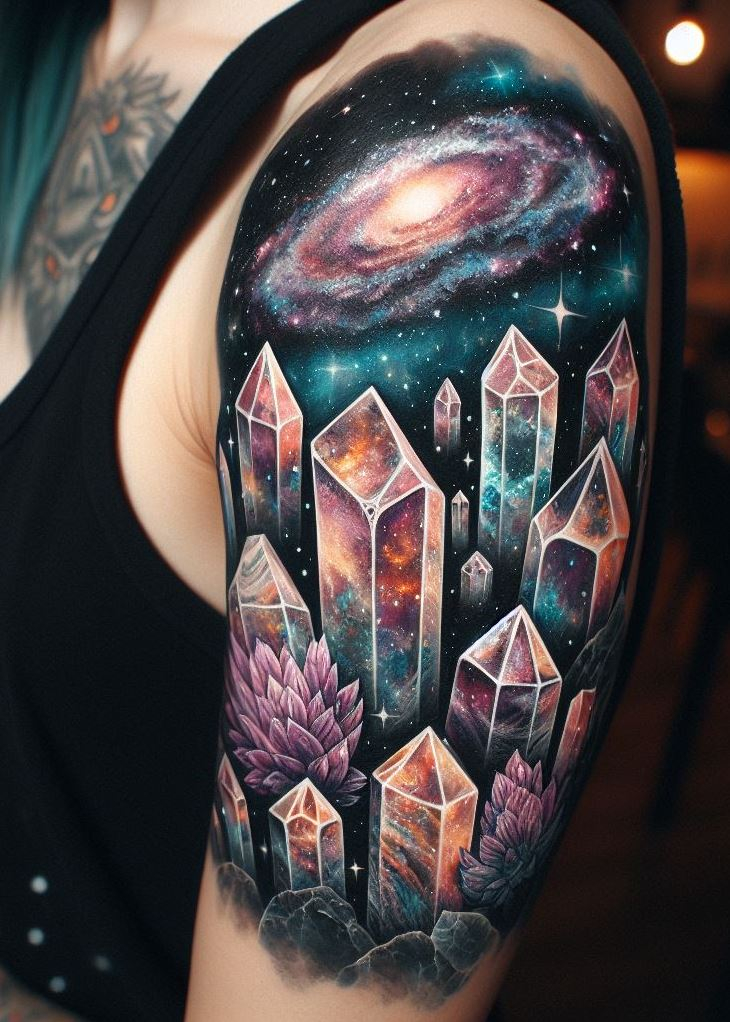 “Crystal Tattoos - Crystal Galaxy” transforms your body into a canvas of cosmic wonder, where every crystal etched is a star, making you the constellation everyone’s eyes are drawn to.