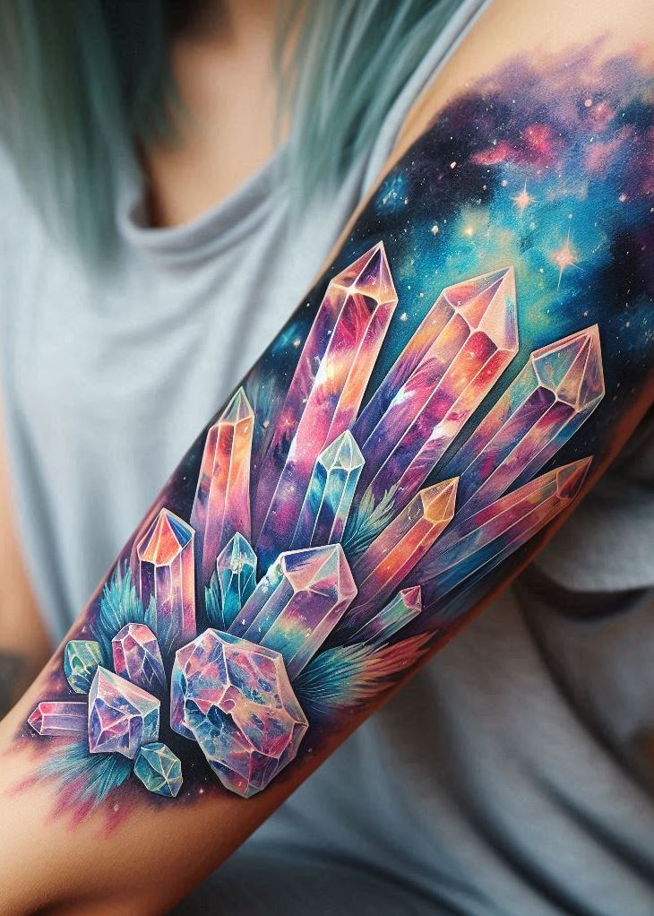 “Crystal Tattoos - Crystal Galaxy” is not just body art, it’s a celestial map inked on your skin, guiding you through the milky way of style with a sparkle that’s out of this world.