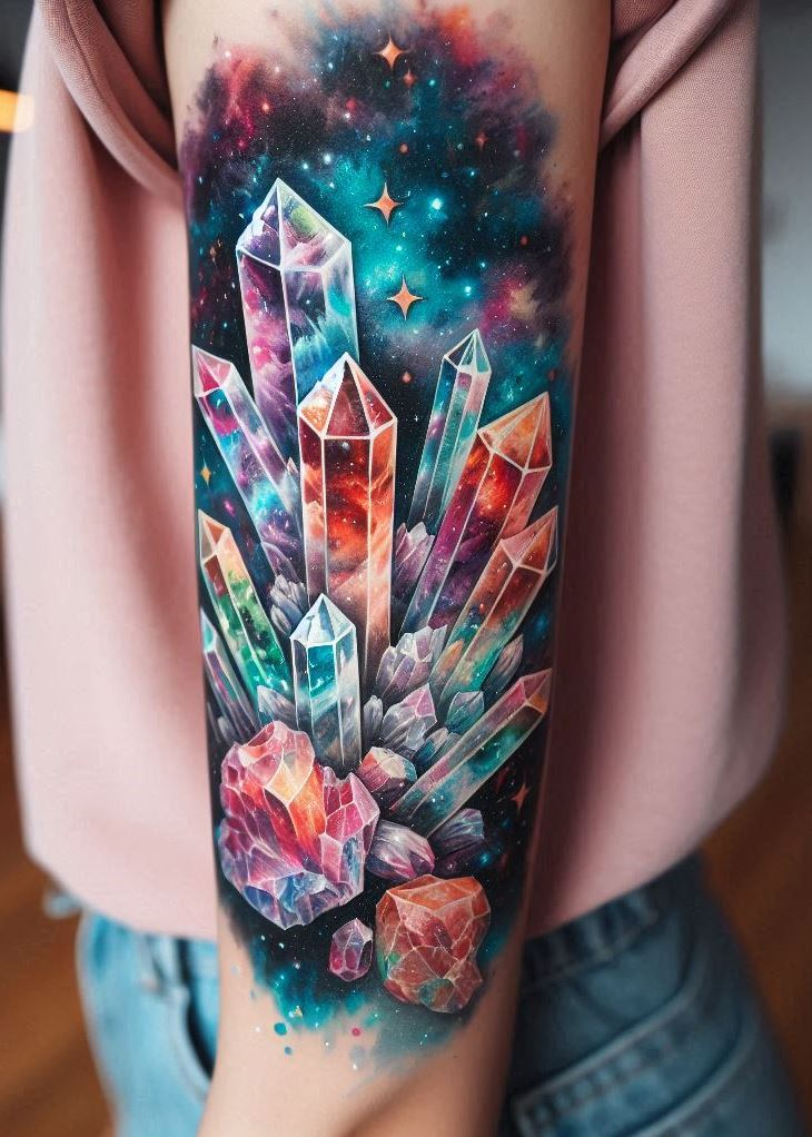 Dive into the shimmering depths of the “Crystal Tattoos - Crystal Galaxy,” where every inked comet tail and stardust swirl is a testament to your celestial chic and interstellar flair.