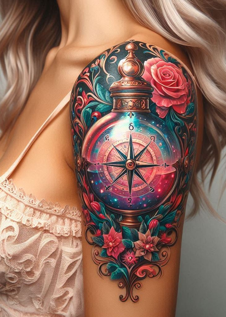 “Navigator’s Nectar” - Chart your skin with the ultimate explorer’s mark: a potion bottle tattoo where the compass rose meets mystical elixirs. It’s not just a tattoo; it’s a direction to your destiny.