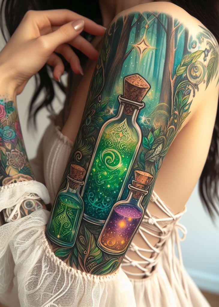 Emerald Alchemy: An Earthy Green Potion Tattoo with Geometric Designs: Showcase your mastery over the forest's magic with a tattoo of an earthy green potion bottle adorned with intricate geometric patterns. This design symbolizes the transformation and creation of powerful elixirs using the secrets of the forest.