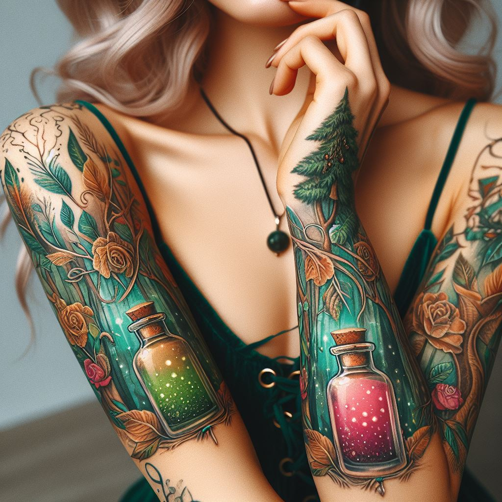 Whispers on the Wind: An Earthy Green Potion Bottle Tattoo with a Feather: Embrace the air of mystery surrounding the forest with a tattoo of an earthy green potion bottle adorned with a swirling feather. The design represents the secrets carried on the forest breeze and the magic whispered on the wind.