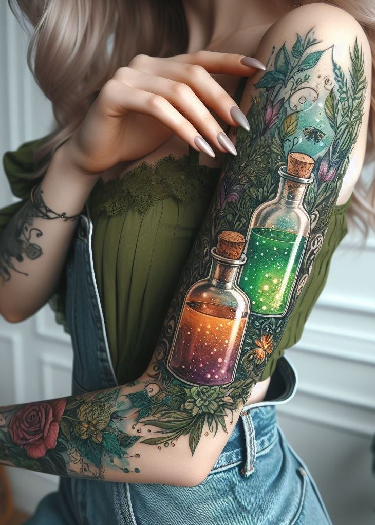 Forest's Embrace: An Earthy Green Potion Tattoo with Whispering Vines: Capture the healing magic of the woodlands with a tattoo of an earthy green potion bottle entwined with delicate vines. This design symbolizes the restorative power of nature and the secrets whispered by the forest.