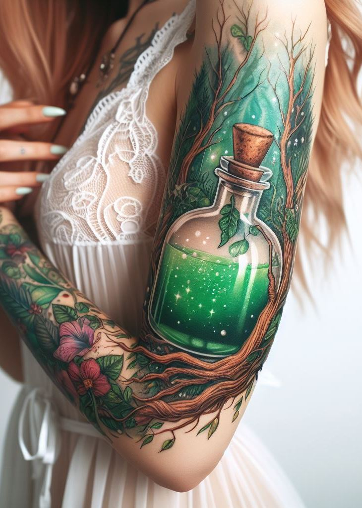 Woodland Spirit: An Earthy Green Potion Tattoo with a Stag Silhouette: Express your connection to the wild magic of the forest with a tattoo of an earthy green potion bottle featuring a majestic stag silhouette. This design symbolizes the untamed energy and ancient wisdom found within the woodlands.