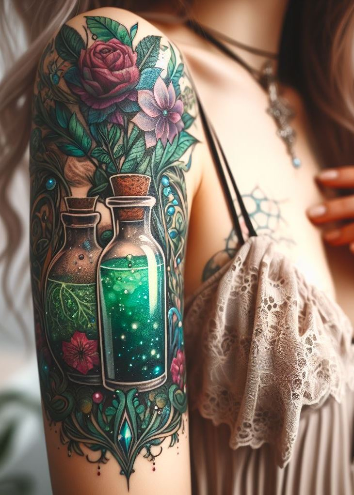 Moonlit Brew: An Earthy Green Potion Bottle Tattoo with Phases of the Moon: Capture the transformative power of the forest at night with a tattoo of a luminous green potion bottle, glowing with the phases of the moon. This design symbolizes the restorative magic awakened by the moonlight filtering through the trees.