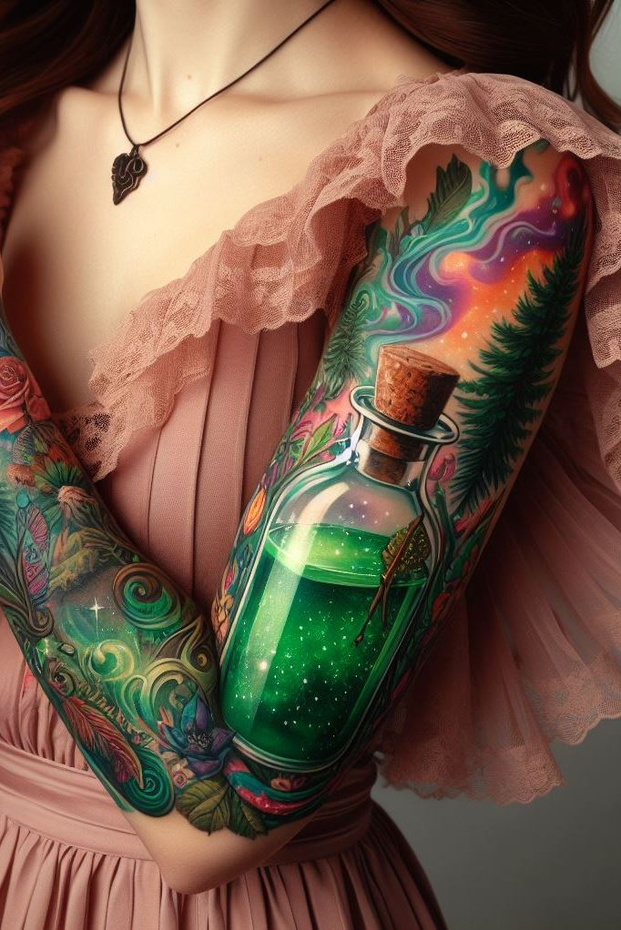 Hidden Grove: An Earthy Green Potion Bottle Tattoo with Glowing Mushrooms: Depict the hidden magic of the forest with a tattoo of an earthy green potion bottle nestled amongst glowing mushrooms. This design symbolizes the potent magic waiting to be discovered within the deep woods.