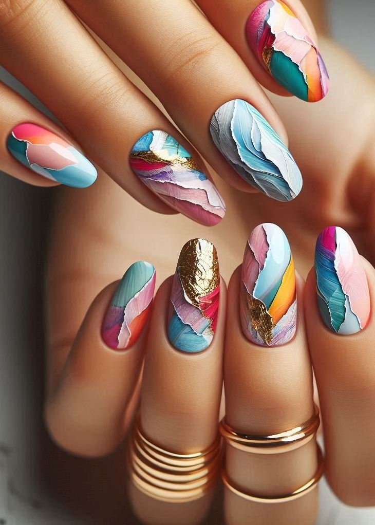 Abstract Nail Art: It's Not Just Random Splotches (We Promise!) | Pocoko Ripped Runway Ready: Who knew looking ripped could be so refined? These torn paper effect nails are tearing up the fashion scene, one stylish scratch at a time.