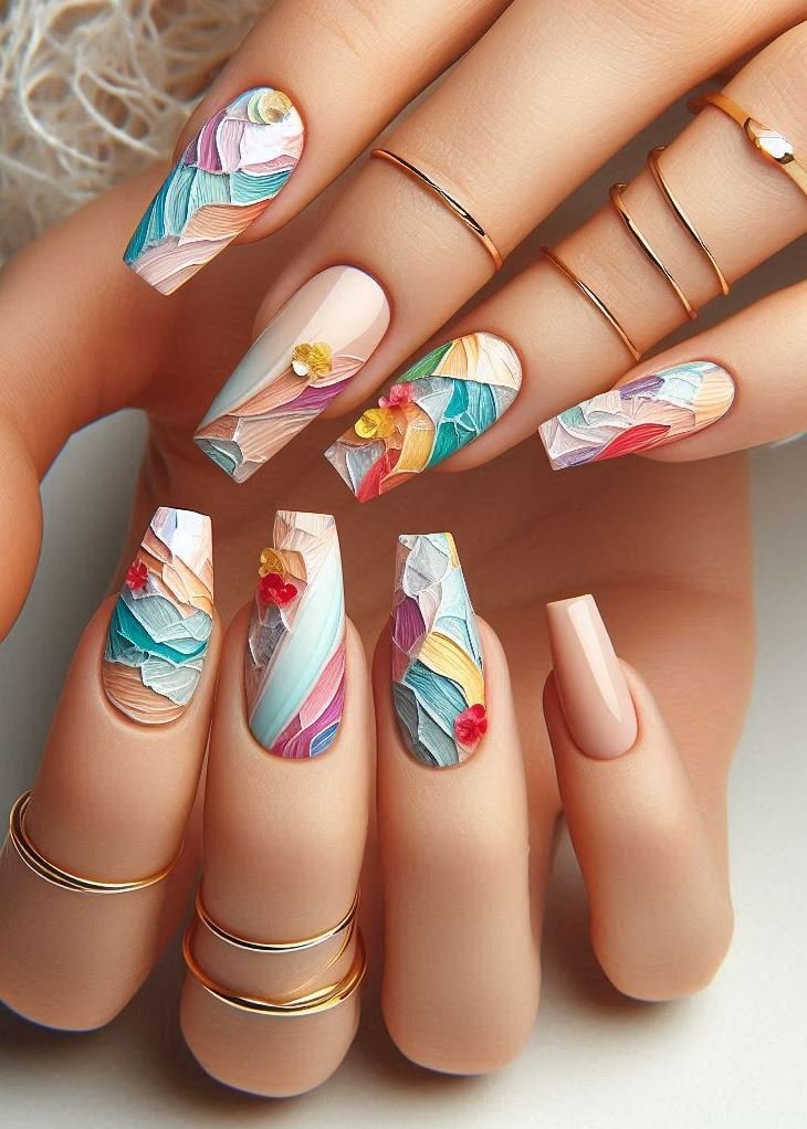 Abstract Nail Art: It's Not Just Random Splotches (We Promise!) | Pocoko Shabby Chic Shreds: Embrace the beauty of imperfection with nails that showcase the shabby yet chic allure of carefully curated tears. It’s a statement that says ‘perfectly imperfect’ in every strand.