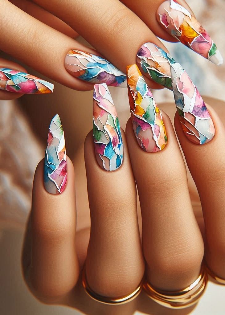 Abstract Nail Art: It's Not Just Random Splotches (We Promise!) | Pocoko Frayed Fashionista: For the trendsetter who’s always a snip ahead, these torn paper effect nails are the ultimate accessory. They’re not just nails; they’re wearable art that’s been stylishly shredded.