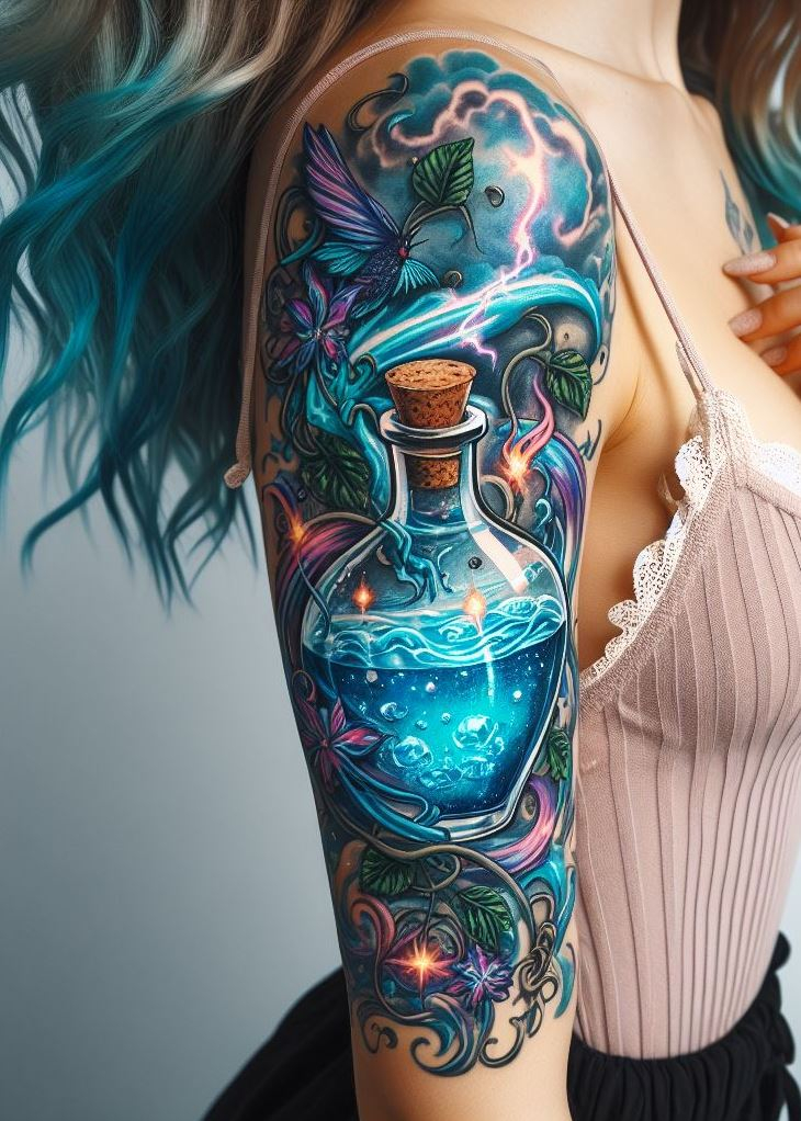 Storm's Heart: Electric Blue Potion Tattoo with a Twirling Vortex: Capture the essence of a brewing storm with an electric blue potion bottle pulsating with a swirling vortex. This design symbolizes the potent magic held within the heart of the storm, waiting to be unleashed for powerful elixirs.