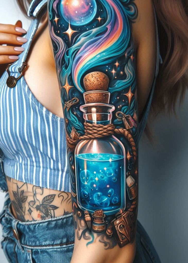 Whispers of the Whirlwind: Electric Blue Potion Tattoo with Swirling Clouds: Embrace the unpredictable magic of the storm with an electric blue potion bottle tattoo surrounded by swirling clouds. The design represents the ever-changing nature of magic and the potential to harness the whispers of the wind for inspiration and change.