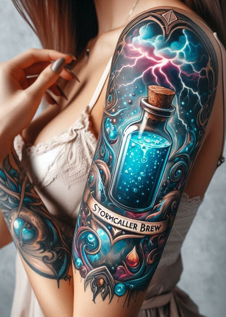 Harnessing the Storm: Electric Blue Potion Tattoo with Crackling Lightning: Capture the raw power of the storm with an electric blue potion bottle tattoo crackling with vibrant lightning. This design symbolizes the potential to channel untamed energy for transformation and unleashing inner strength.