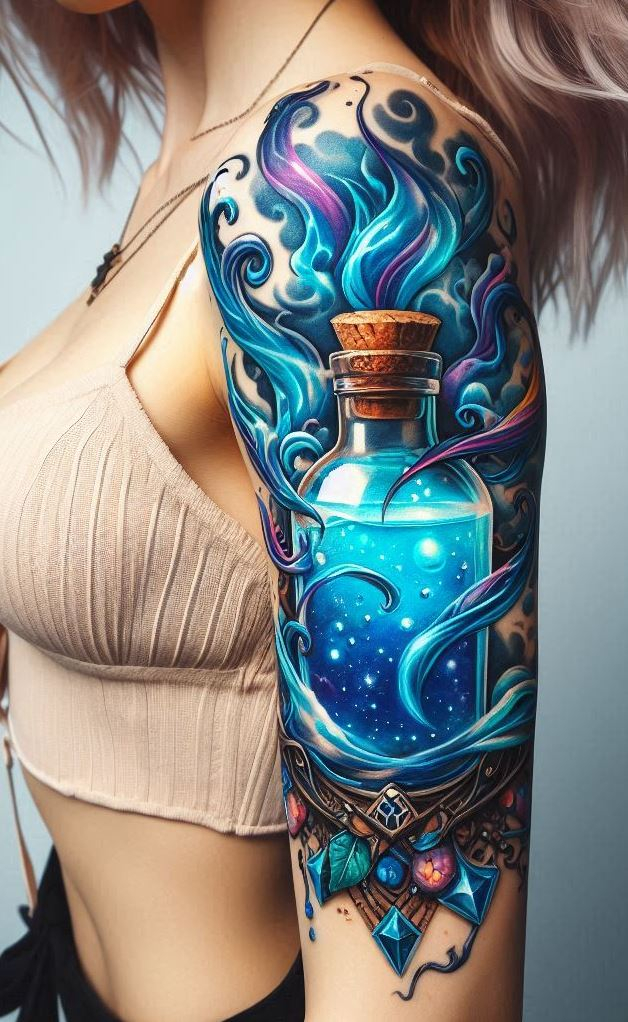 Tempest's Tears: Electric Blue Potion Tattoo with Raindrops: Symbolize the restorative power of a storm with an electric blue potion bottle overflowing with sparkling raindrops. This design represents the cleansing and healing magic that emerges after the storm has passed.