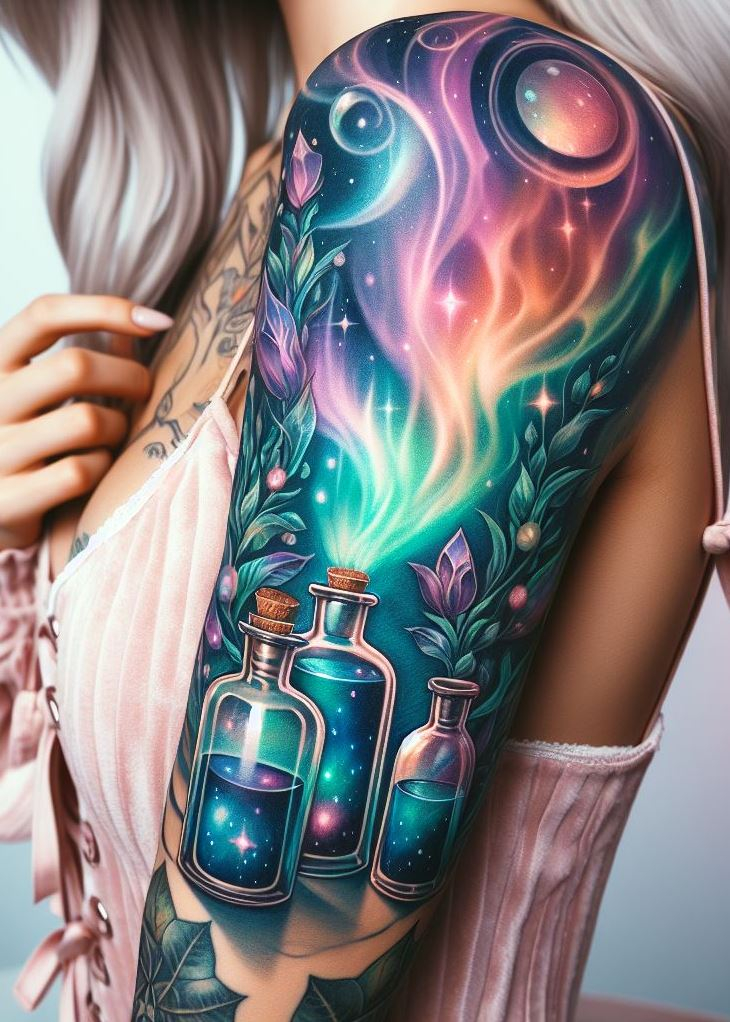 Whispers of the North: An Iridescent Potion Tattoo with a Shimmering Snowflake: Embrace the ethereal beauty of the Aurora Borealis with an iridescent potion bottle tattoo adorned with a shimmering snowflake. This design symbolizes the magic carried on the northern winds and the connection to the celestial wonders above.