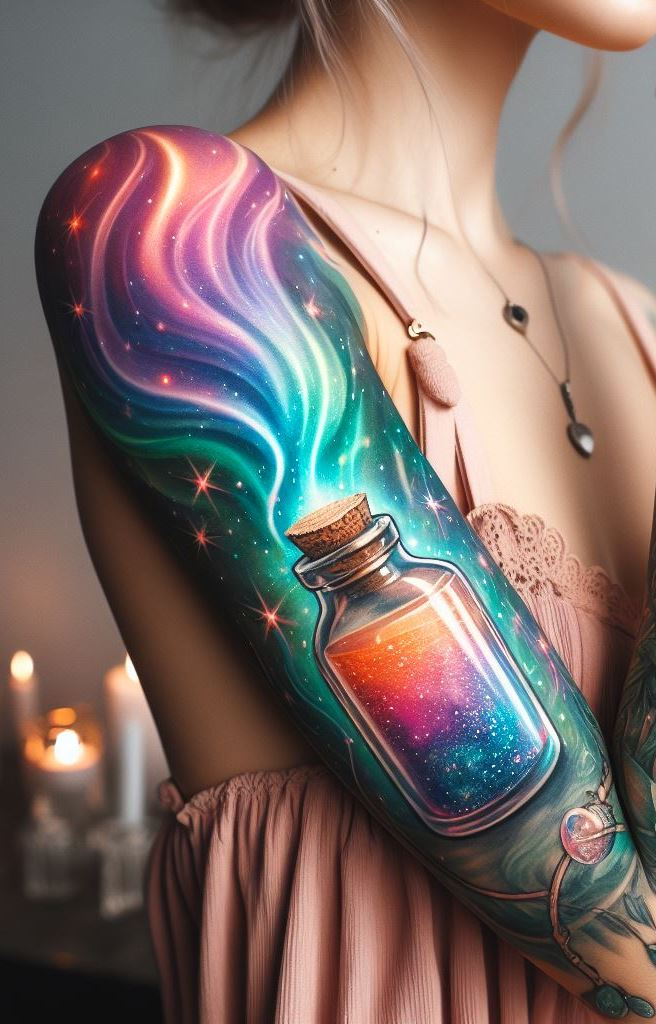 Celestial Dance: An Iridescent Potion Tattoo with Swirling Colors: Capture the mesmerizing magic of the Aurora Borealis with an iridescent potion bottle tattoo swirling with vibrant colors. This design symbolizes the celestial dance of light and the transformative power of the night sky.