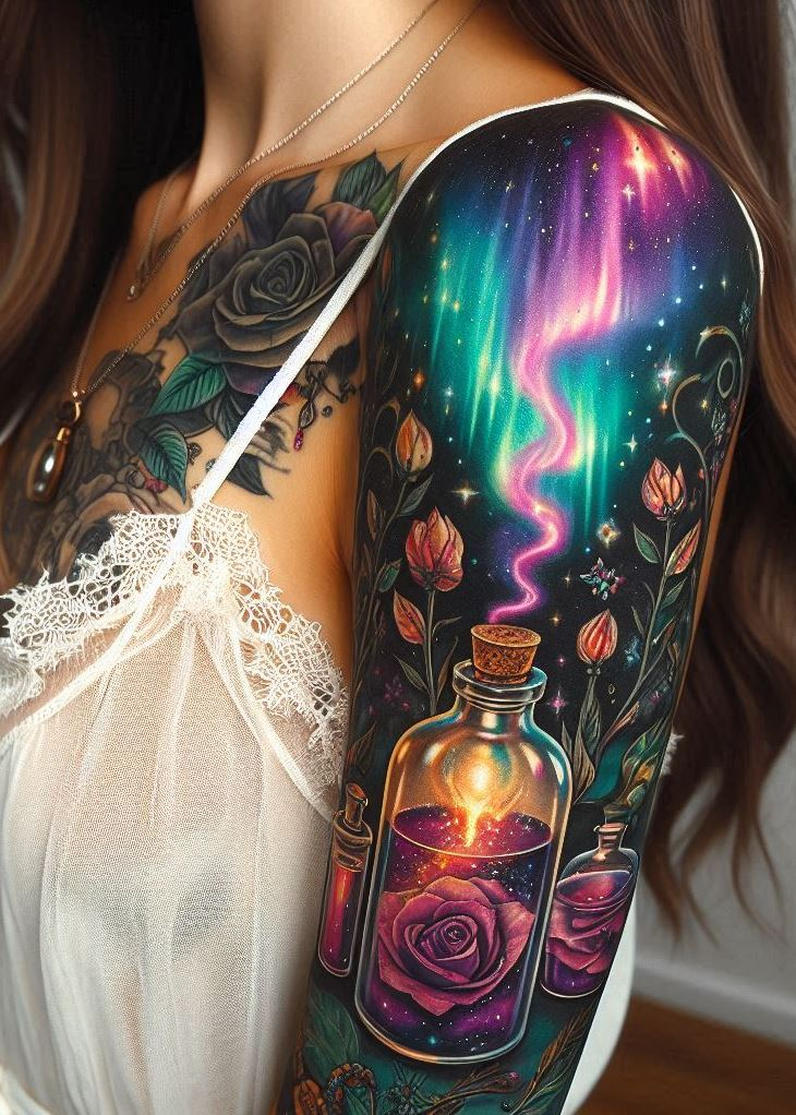 Bottled Starlight: An Iridescent Potion Tattoo with a Crescent Moon: Express your connection to the magic of the night with an iridescent potion bottle tattoo cradled by a crescent moon. The shimmering liquid within represents the captured essence of the Aurora Borealis and its potential to unlock dreams and hidden desires.