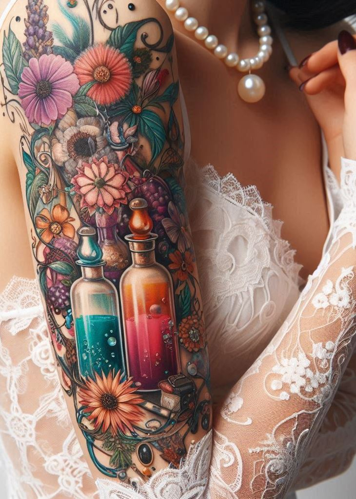 “Elixir Etchings” - With a tattoo that captures the spirit of a vintage apothecary, you carry the wisdom of ancient alchemy. It’s a blend of beauty and mystery, bottled up in a design that transcends time.