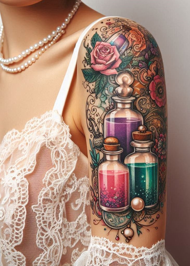 “Curative Curios” - Adorn your skin with a tattoo that’s a patchwork of vintage potion bottles, each filled with inky elixirs that harken back to the days of mysterious concoctions and whispered spells.