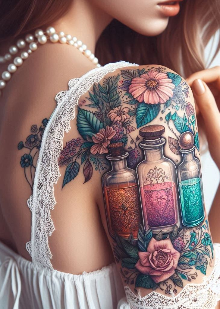 “Bottled Bewitchment” - Enchant your followers with a tattoo that bottles the mystique of a bygone apothecary. It’s a wearable cabinet of curiosities, where every vial whispers tales of forgotten lore.