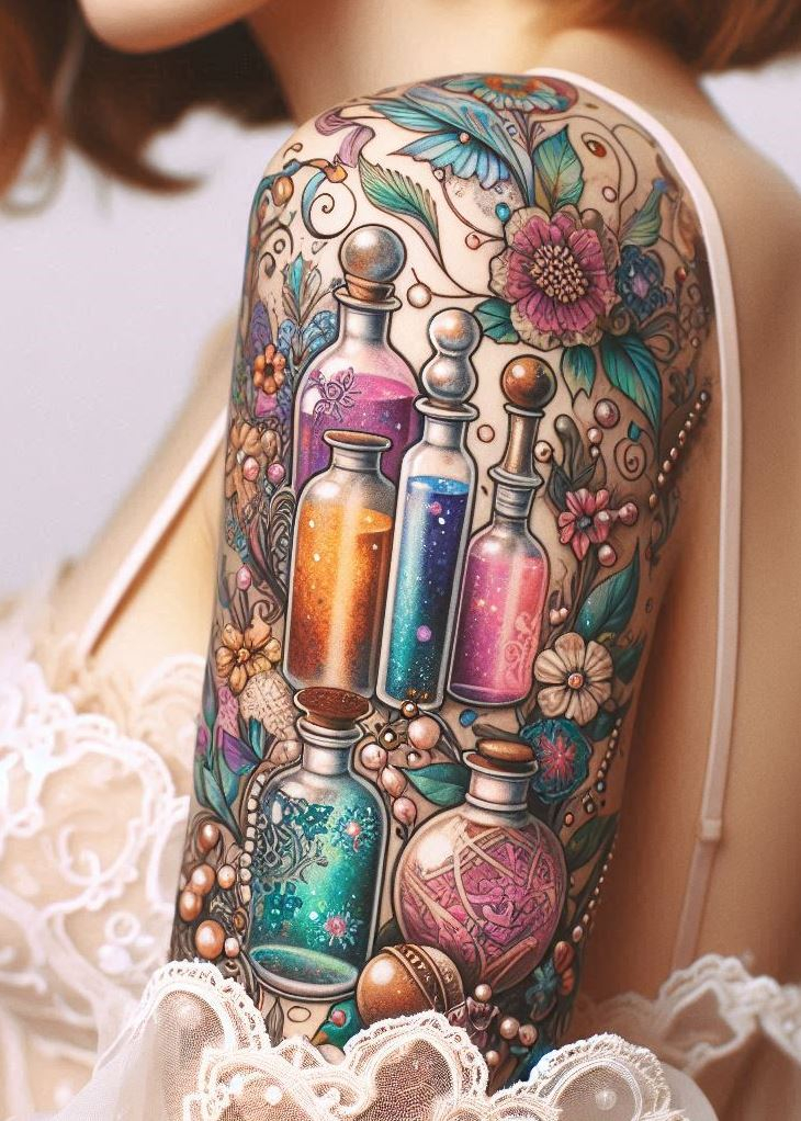 “Herbalist’s Haven” - This tattoo is a nod to the naturalists of yore, with meticulously inked potion bottles that hold the essence of a thousand herbs. It’s where tradition meets skin in a timeless dance of healing and artistry.