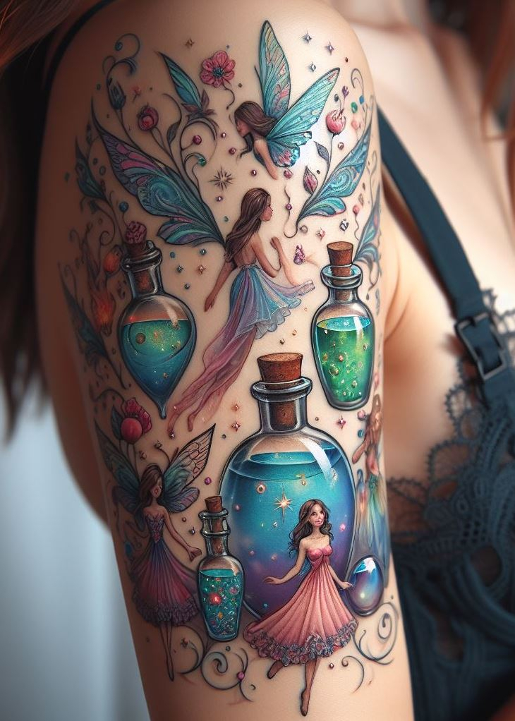 Fae's Gift: A Delicate Potion Bottle Tattoo with a Playful Fairy: Capture the essence of whimsical magic with a delicate potion bottle tattoo surrounded by a mischievous fairy. Sparkling laughter swirls around them, symbolizing the joy and wonder found in unexpected magic.