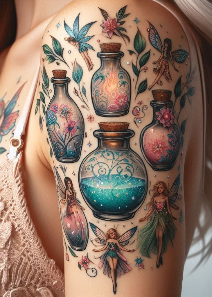 Fae's Promise: A Delicate Potion Bottle Tattoo with a Smiling Fairy: Capture the promise of magic with a delicate potion bottle tattoo watched over by a smiling fairy. Glittering light and sparkling laughter surround them, symbolizing the hope and joy that magic brings.