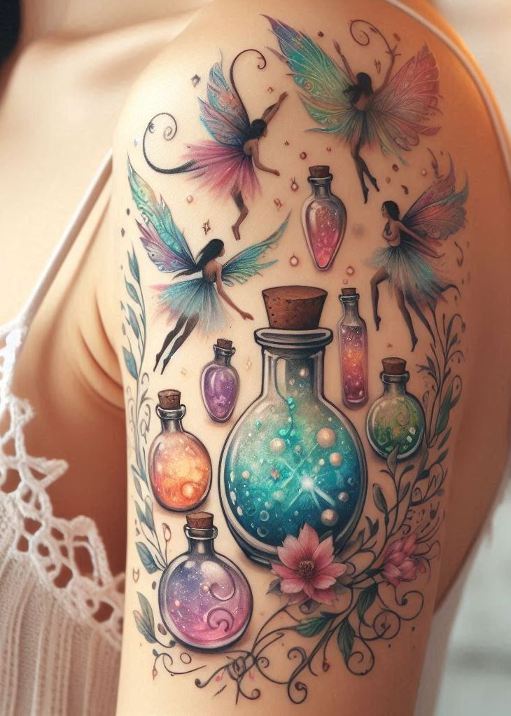 Enchanted Revelry: A Vibrant Tattoo of Dancing Fairies Around a Potion: Embrace the joyous energy of magic with a vibrant tattoo of fairies dancing around a shimmering potion bottle. Sparkling laughter fills the air, symbolizing the exhilarating celebration of magical possibilities.