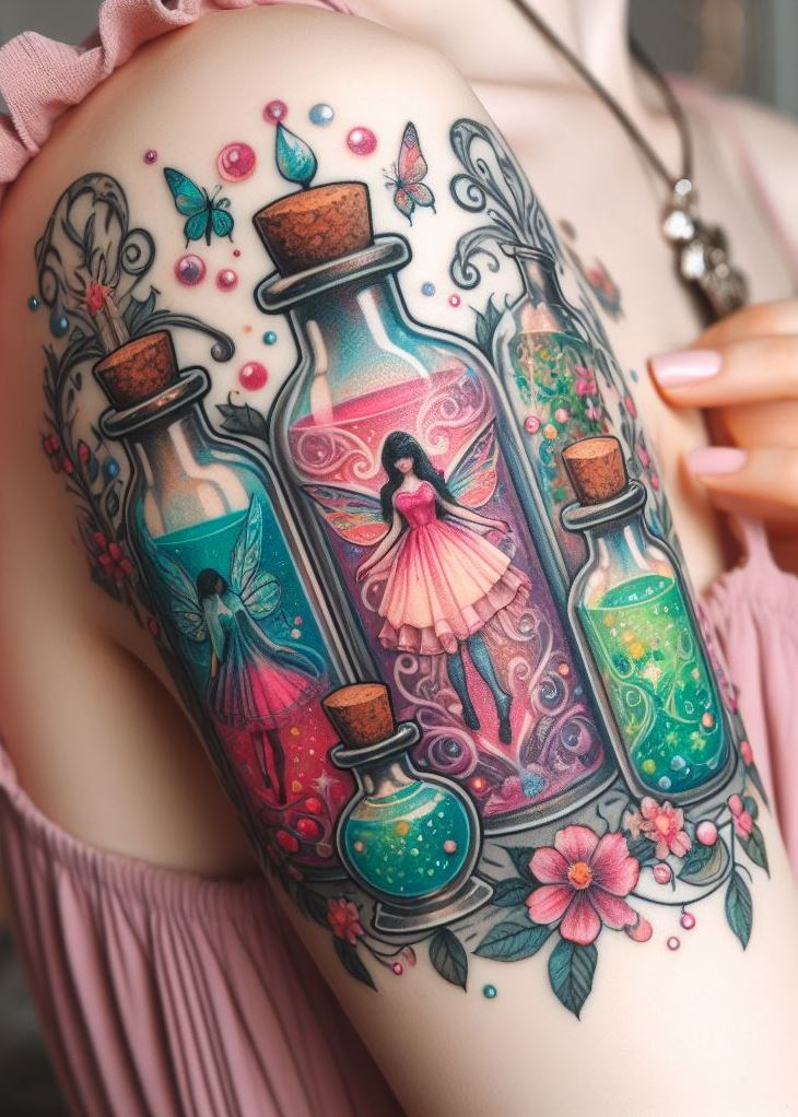 Friendship's Magic: A Heartwarming Tattoo of Two Fairies Holding a Potion: Celebrate the power of friendship with a tattoo of two fairies holding a shimmering potion bottle. Sparkling laughter surrounds them, symbolizing the unbreakable bond that strengthens your magic.