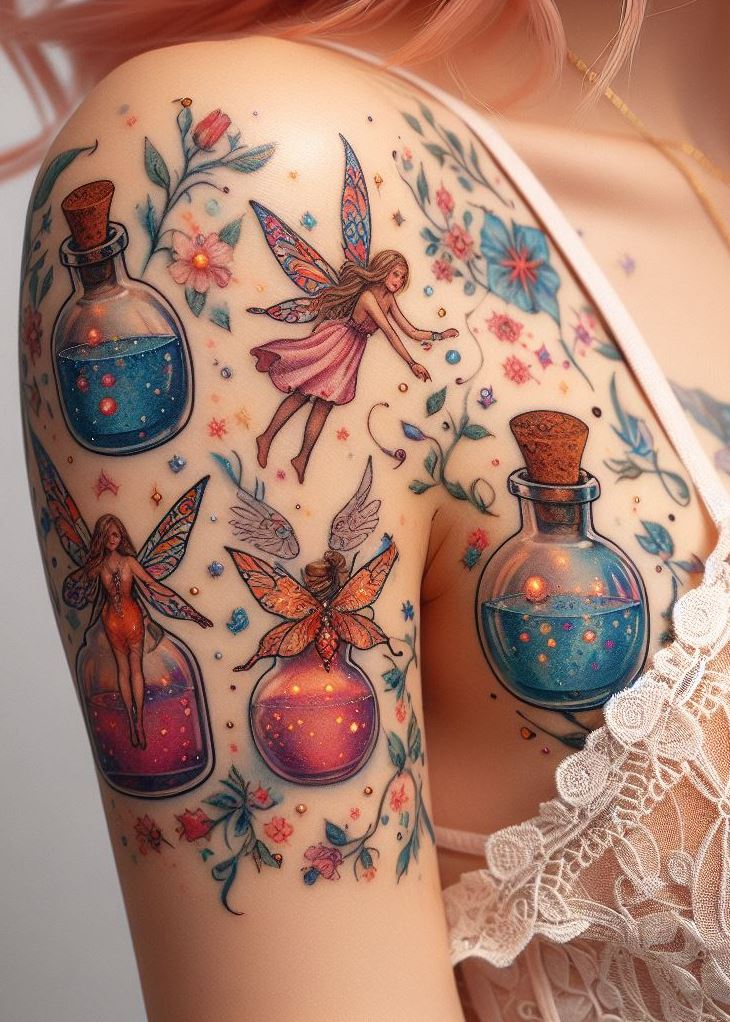 Hidden Secrets: A Potion Bottle Tattoo with Fairies Guarding a Secret Garden: Depict the secrecy of magic with a hidden potion bottle nestled within a lush garden, guarded by curious fairies. Their sparkling laughter hints at the playful secrets held within.