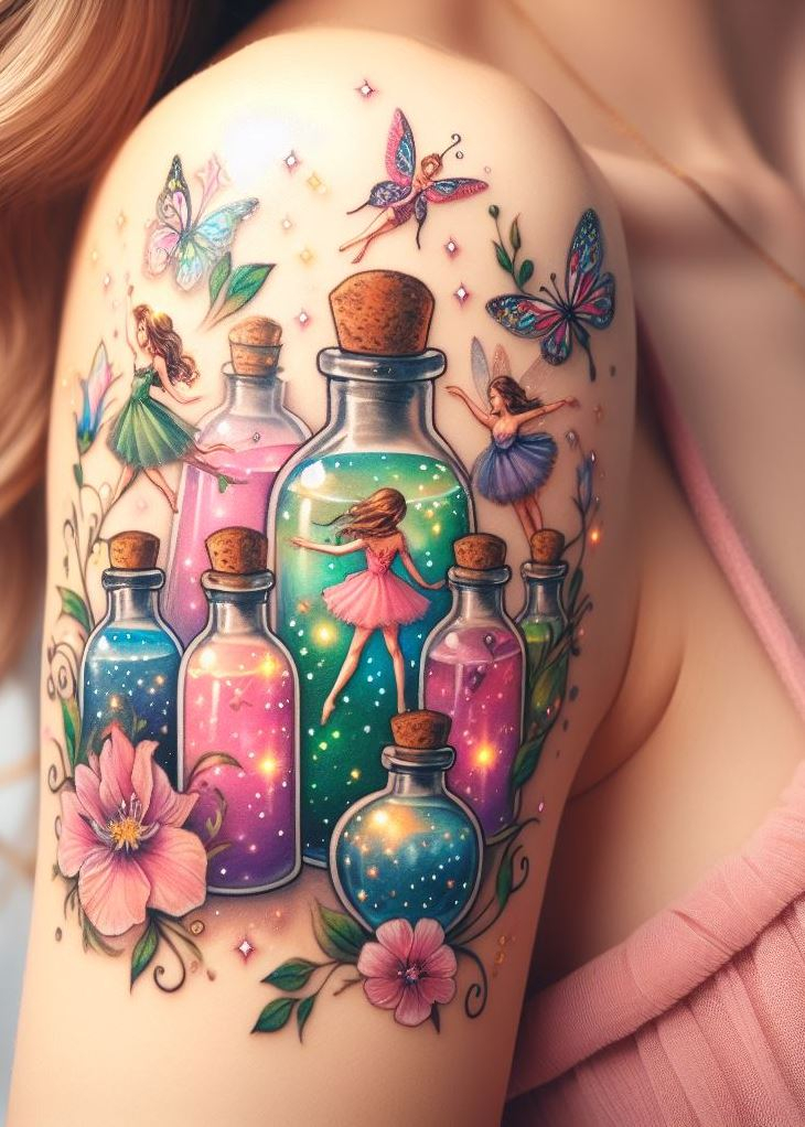 Brewing Joy: A Whimsical Tattoo of Fairies Creating a Potion: Embrace the collaborative spirit of magic with a scene of playful fairies gathering ingredients for a potion. Sparkling laughter fills the air, symbolizing the joy found in creating something magical together.