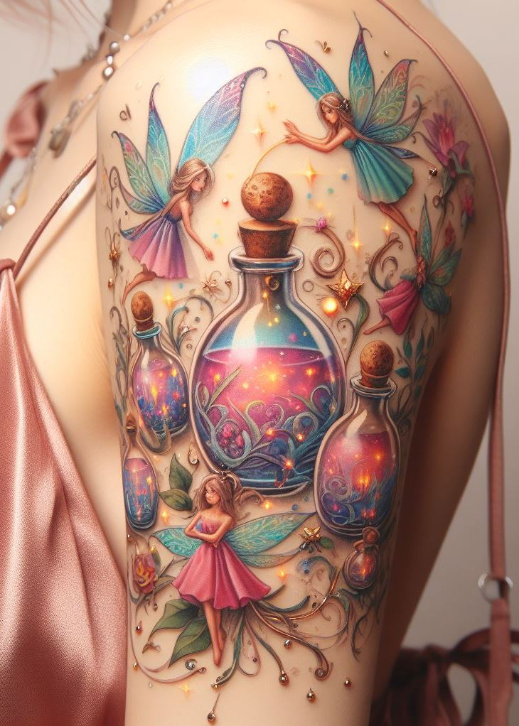 Guiding Light: A Glowing Potion Bottle Tattoo with Helpful Fairies: Let your tattoo illuminate your path with a glowing potion bottle surrounded by helpful fairies. Their sparkling laughter represents the lighthearted guidance that helps you navigate your magical journey.