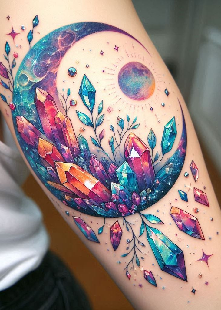 Moonlight sonata for your skin! This crystal tattoo is a mesmerizing blend of celestial vibes and sparkling crystals. It's like having your own personal moonlit garden, wherever you go.