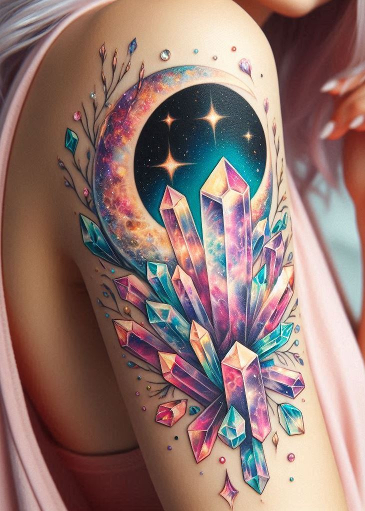 Level up your celestial style with this crystal tattoo. It's a dazzling reminder that you are a powerful force, bathed in the moonlight's glow.