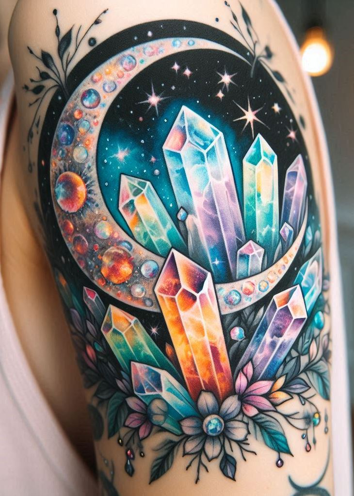 Who needs stars when you have this? This crystal tattoo captures the ethereal beauty of a moonlit crystal garden, making you the center of your own celestial universe.