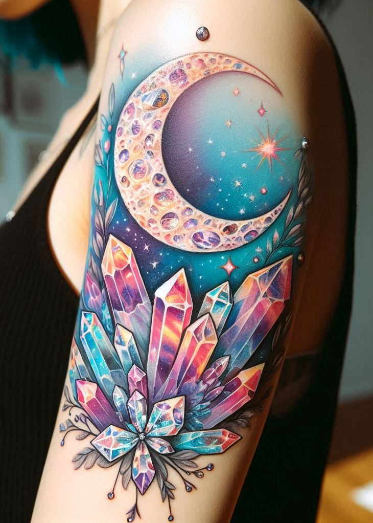 Forget chasing rainbows, get inked with a moonlit crystal garden instead! This dazzling crystal tattoo is a permanent reminder to embrace your inner magic